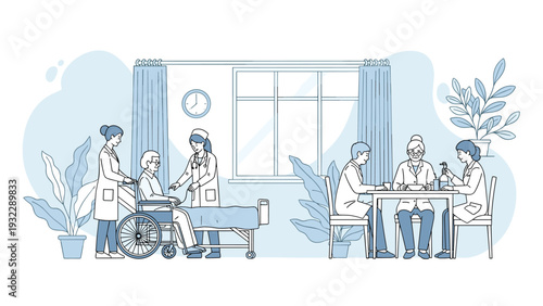 Doctors and nurses care for an elderly patient in a wheelchair while others share a meal in a bright hospital setting.