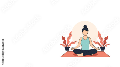 Young woman sits in a peaceful lotus position during a yoga session at home with decorative plants in the background.