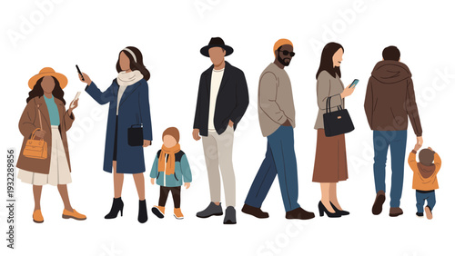 Diverse group of stylish people, including children and adults, walk together in casual clothing on a white background.