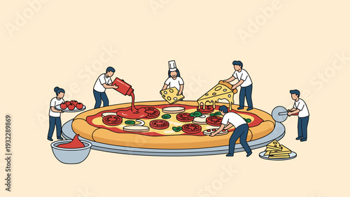 Team of tiny chefs works together to prepare a massive pepperoni pizza with tomatoes and cheese on a large circular tray.