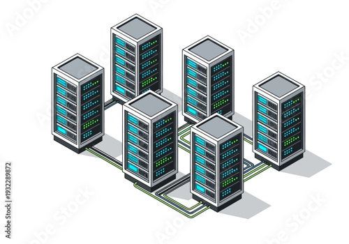 Isometric illustration of a cluster of server racks connected by cables, representing data center infrastructure