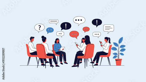 Group therapy session features people sitting in a circle discussing their feelings with colorful speech bubbles overhead.