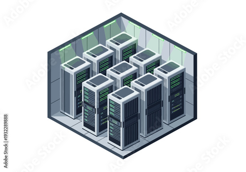 Data center server room with multiple racks of computers in a modern facility