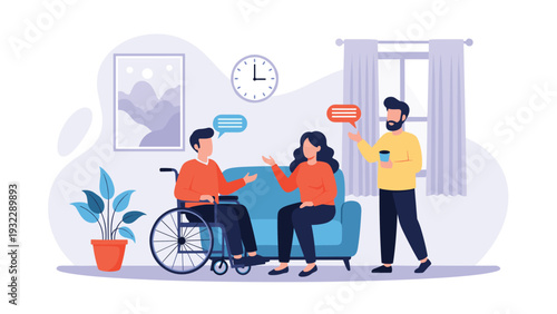 Friends engage in a friendly conversation in a cozy living room, including a man in a wheelchair and a man holding coffee.