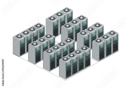 Data center server racks with cooling units in an isometric view