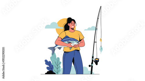 Happy woman proudly displays a large fish she caught during a successful fishing trip on a sunny day in the outdoors.