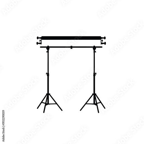 Black light stand with two tripods and horizontal bar