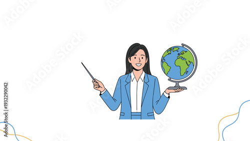Friendly female teacher holds a desk globe and a pointer while explaining geography lessons in a classroom setting.