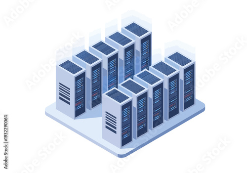Server room rack with multiple data storage units for information technology and cloud computing infrastructure