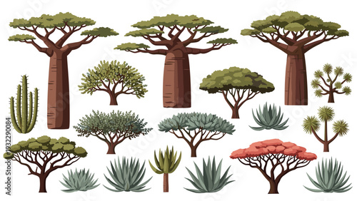 Botanical illustration features a variety of African savanna trees like baobabs, along with different desert cacti and shrubs.