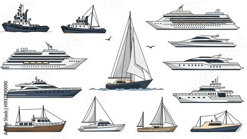 Comprehensive collection of various boats and ships, including sailboats, cruise liners, tugboats, and luxury motor yachts.