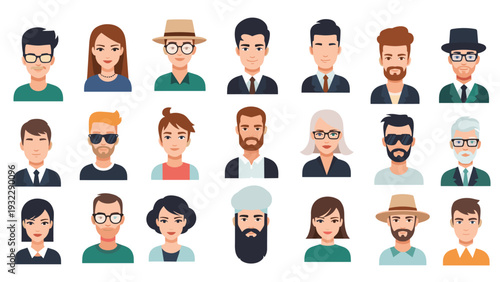 Grid of diverse avatar icons showcases various men and women with different hairstyles, accessories, and facial features.