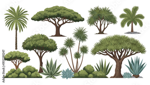 Variety of tropical trees and desert plants are shown in a detailed illustration, including palm trees and leafy shrubs.
