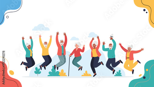 Group of joyful elderly people jump into the air with excitement against a background of colorful abstract cloud shapes.
