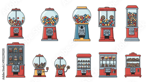 Set of various colorful gumball and candy vending machines features different shapes and designs for a retro toy store.