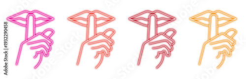 Set of colorful neon shhh gesture icons illustrating silence and secrets, featuring hands with fingers on lips, perfect for signs, privacy, and quiet concepts in a modern digital design.