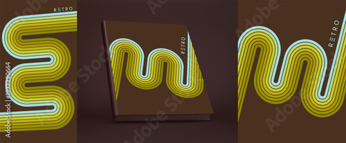 A retro style background. Abstract, dynamic curved ribbons. A serpentine curve of a race track. Hardcover book layout. Cover design template. Illustration for brochure, planner, notebook or notepad.