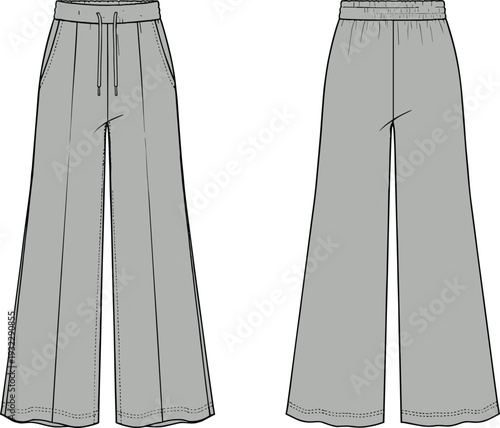 "Technical flat sketch illustration of wide-leg pants with drawstring waistband and pockets front and back view, garment design drawing for fashion industry sewing pattern specification"
