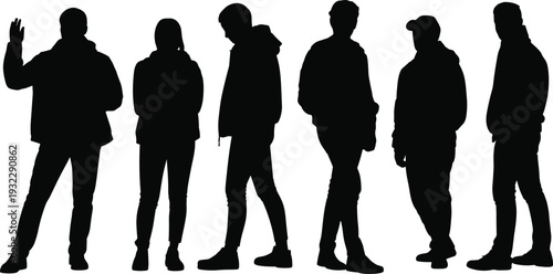 Black Silhouettes of People Wearing Jackets and Winter Clothing Standing in Various Poses Isolated on White Background Vector Illustration for Seasonal Design Layouts