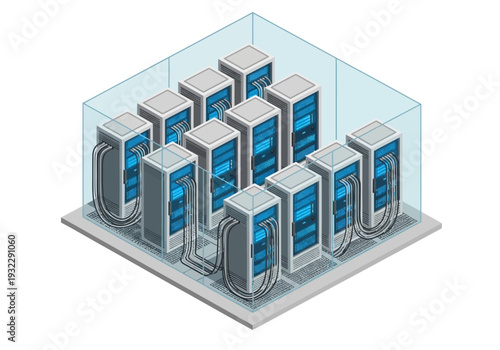 Isometric view of a data center server room with multiple racks of computing hardware inside a transparent enclosure, representing cloud computing and data storage infrastructure