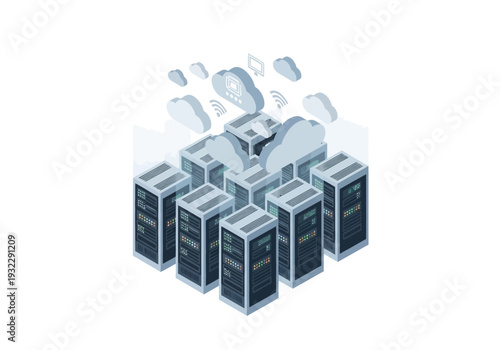Isometric cloud computing server room with data storage and network infrastructure visualization