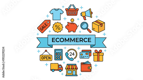 Ecommerce shopping concept with online retail and digital business icons