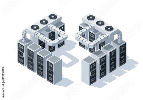 Isometric illustration of a server room with rows of computer racks and cooling systems