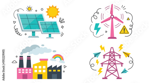 Clean and dirty energy icons solar wind industry factory power line