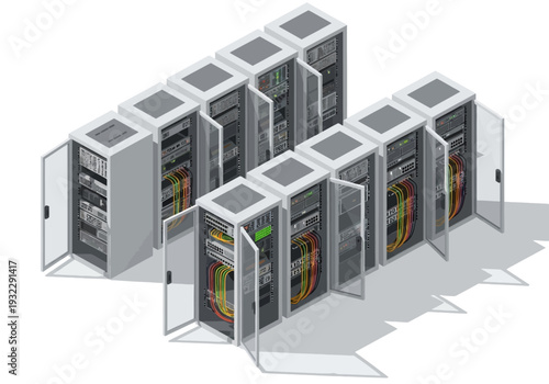 Isometric view of a server room filled with racks of network equipment and cables, highlighting data center infrastructure