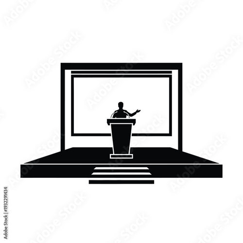 Black silhouette of a man speaking at a podium on a stage