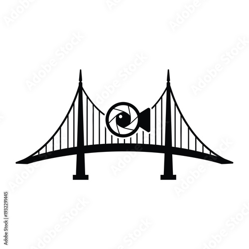 Black silhouette of suspension bridge with camera shutter