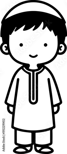 Smiling boy wearing traditional Muslim clothing and kufi cap