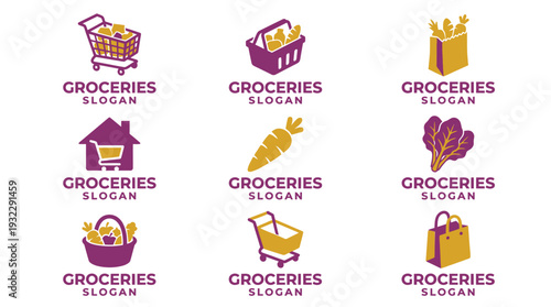 Grocery shopping and food delivery logo icon set on white background