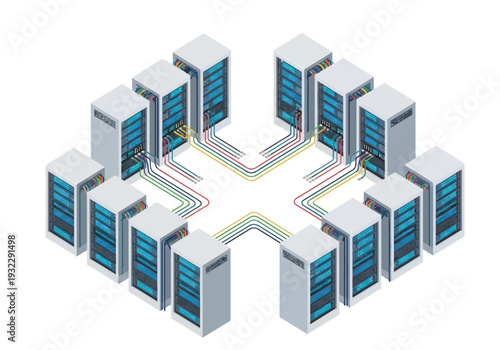 Centralized data storage and network connectivity hub with multiple server racks arranged in a circular pattern