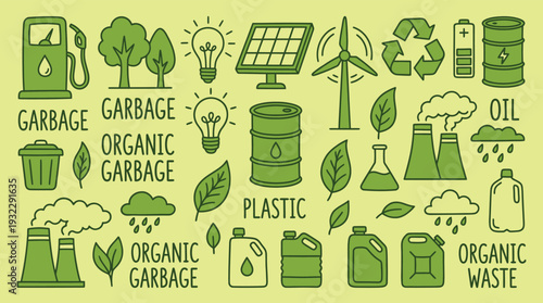 Green Hand Drawn Ecology Environment and Waste Doodle Icons Set