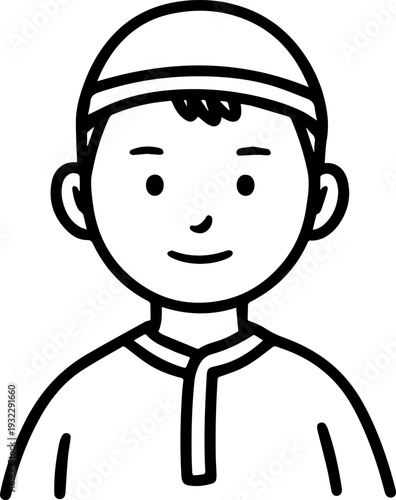 Smiling boy wearing traditional Muslim clothing and kufi cap