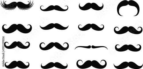 Set of vintage mustache silhouettes collection with different styles isolated on white background for barber, hipster, and grooming design