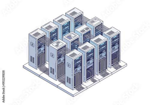 Isometric view of multiple computer server racks in a data center, illustrating digital infrastructure and technology