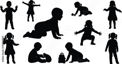 Children and toddler silhouettes set featuring crawling, playing, standing and sitting kids poses isolated on white background vector illustration