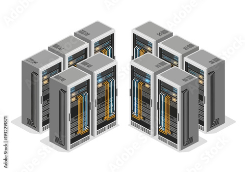 Server room setup with multiple racks of computers and networking equipment, data center technology