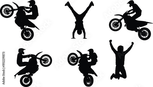 Extreme sports silhouettes set featuring motocross riders performing stunts and acrobat jumping pose isolated on white background vector illustration