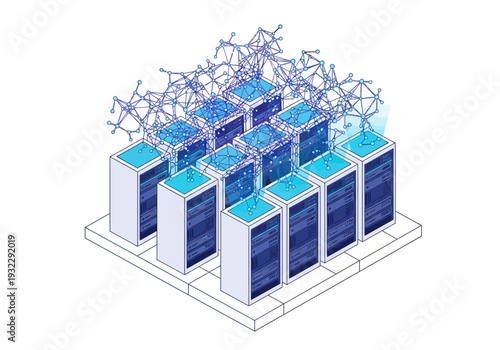 Abstract digital network overlaying a row of server racks in a data center, representing cloud computing and artificial intelligence concepts