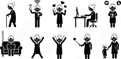 Set of elderly woman lifestyle silhouettes showing daily activities, technology use, family care, communication, and active senior living icons collection