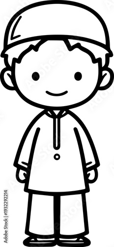 Smiling boy wearing traditional Muslim clothing and kufi cap