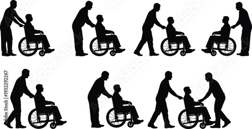 Caregiver assisting senior man in wheelchair silhouette set showing support, rehabilitation, healthcare assistance and disability care isolated on white background