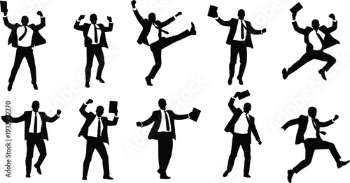 Set of businessman silhouettes jumping celebrating success holding briefcase and documents in dynamic poses isolated on white background