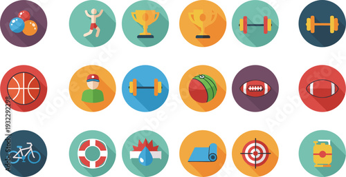 Flat Sports Activity Icon Set with Trophy Dumbbell Basketball American Football Bicycle Swimming Target and Athlete Symbols for Fitness and Competition Design.