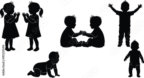 Collection of baby and toddler silhouettes in playful poses clapping crawling sitting and standing isolated on white background