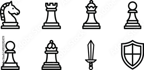Strategic Chess Pieces and Symbols on a Plain Background from a Direct Viewpoint