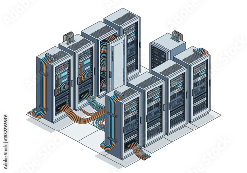Isometric view of a modern data center with rows of server racks and cabling, representing technology and networking infrastructure